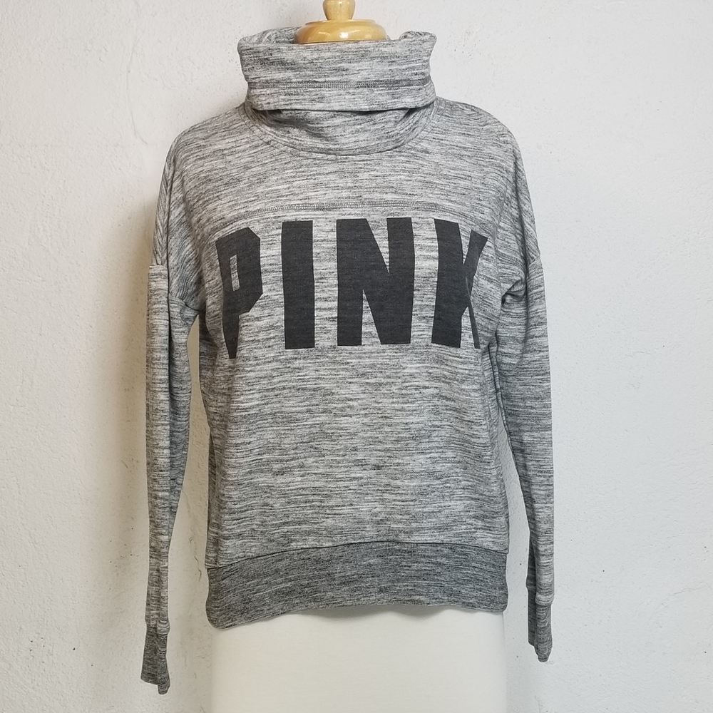 Victoria's Secret PINK Spell Out Logo Gray Heathered Sweatshirt XS Cowl Neck